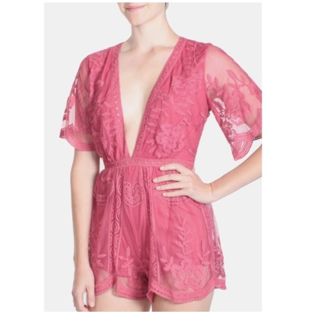 Honey Punch Deep V Pink Lace Romper